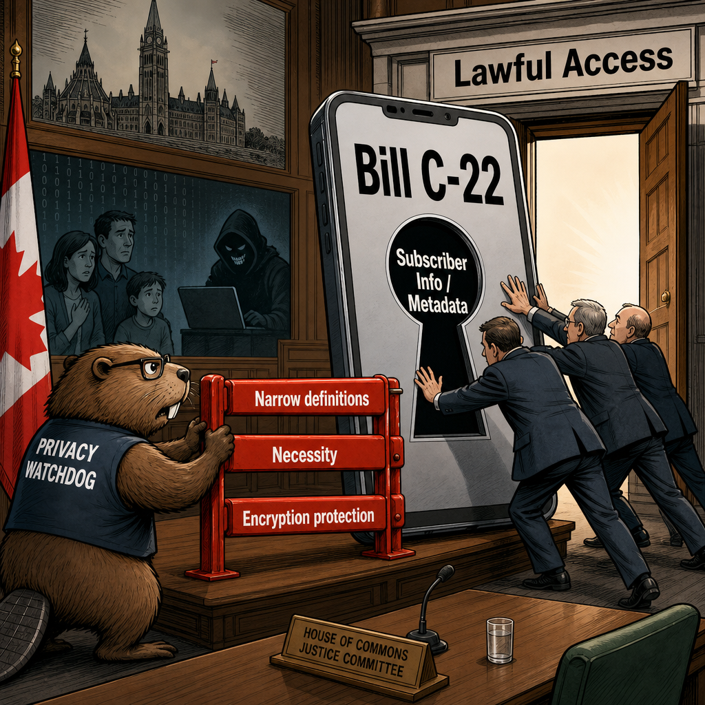 Editorial cartoon showing Bill C-22 as a smartphone with a subscriber-information keyhole while a privacy watchdog holds up guardrails for narrow definitions, necessity and encryption protection