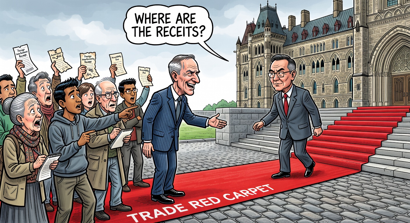 Editorial cartoon showing Ottawa rolling out a trade red carpet for China while diaspora communities and watchdogs ask for foreign-interference receipts