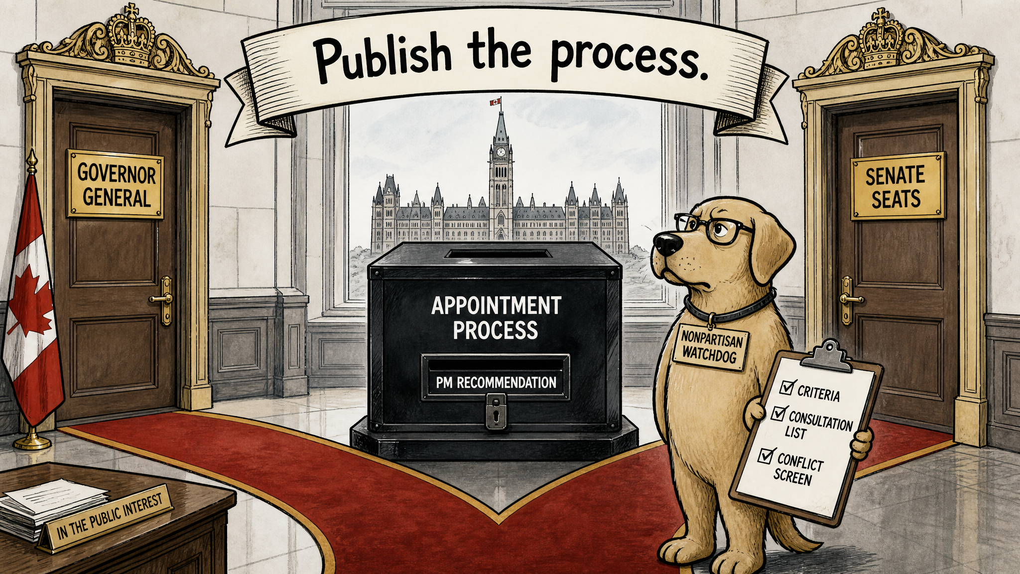 Editorial cartoon showing a black-box appointment process between Governor General and Senate doors while a watchdog asks for criteria, consultation and conflict-screen receipts