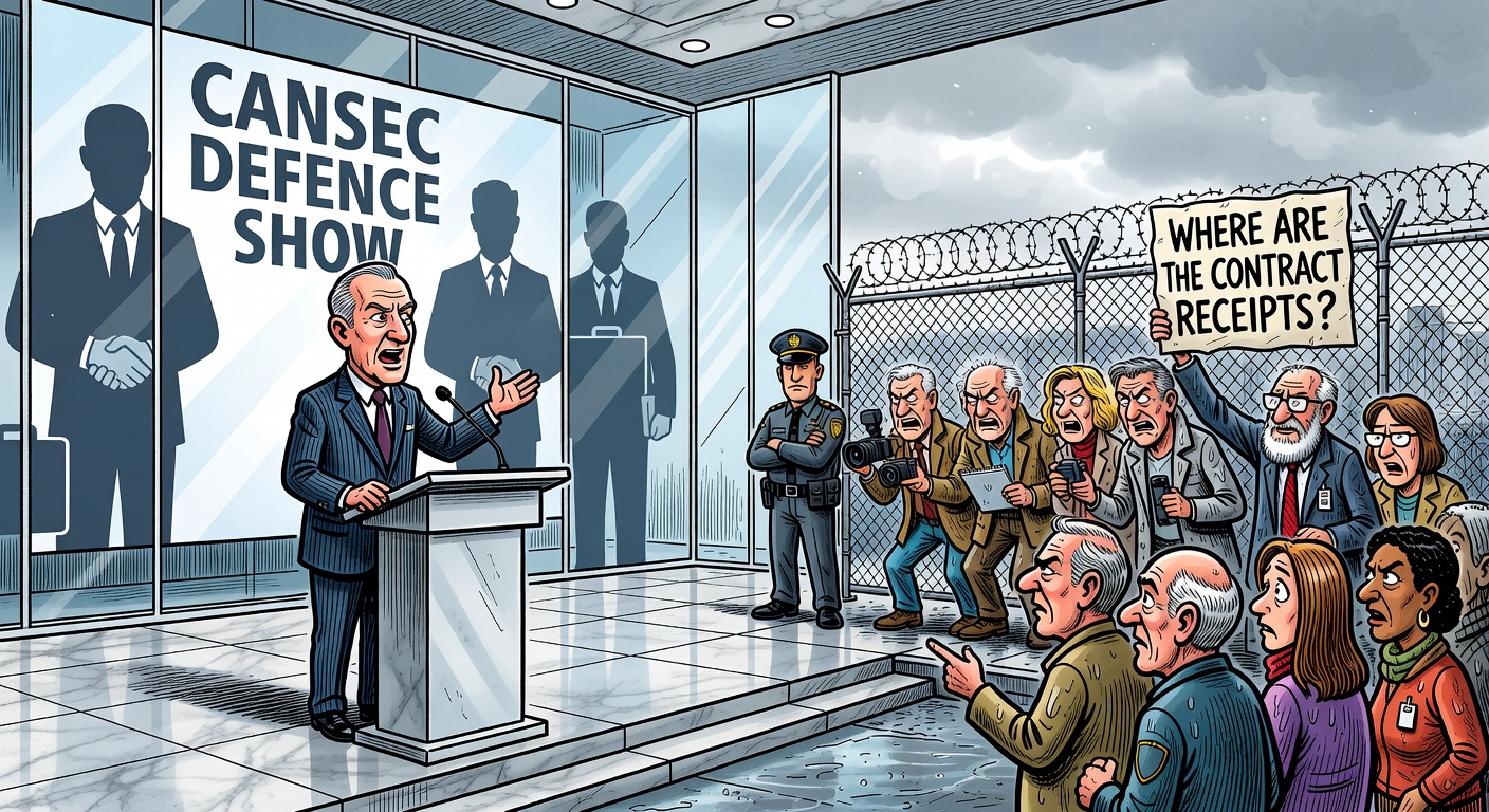 Editorial cartoon showing Prime Minister Mark Carney announcing defence procurement at CANSEC while independent journalists wait outside and taxpayers ask for receipts