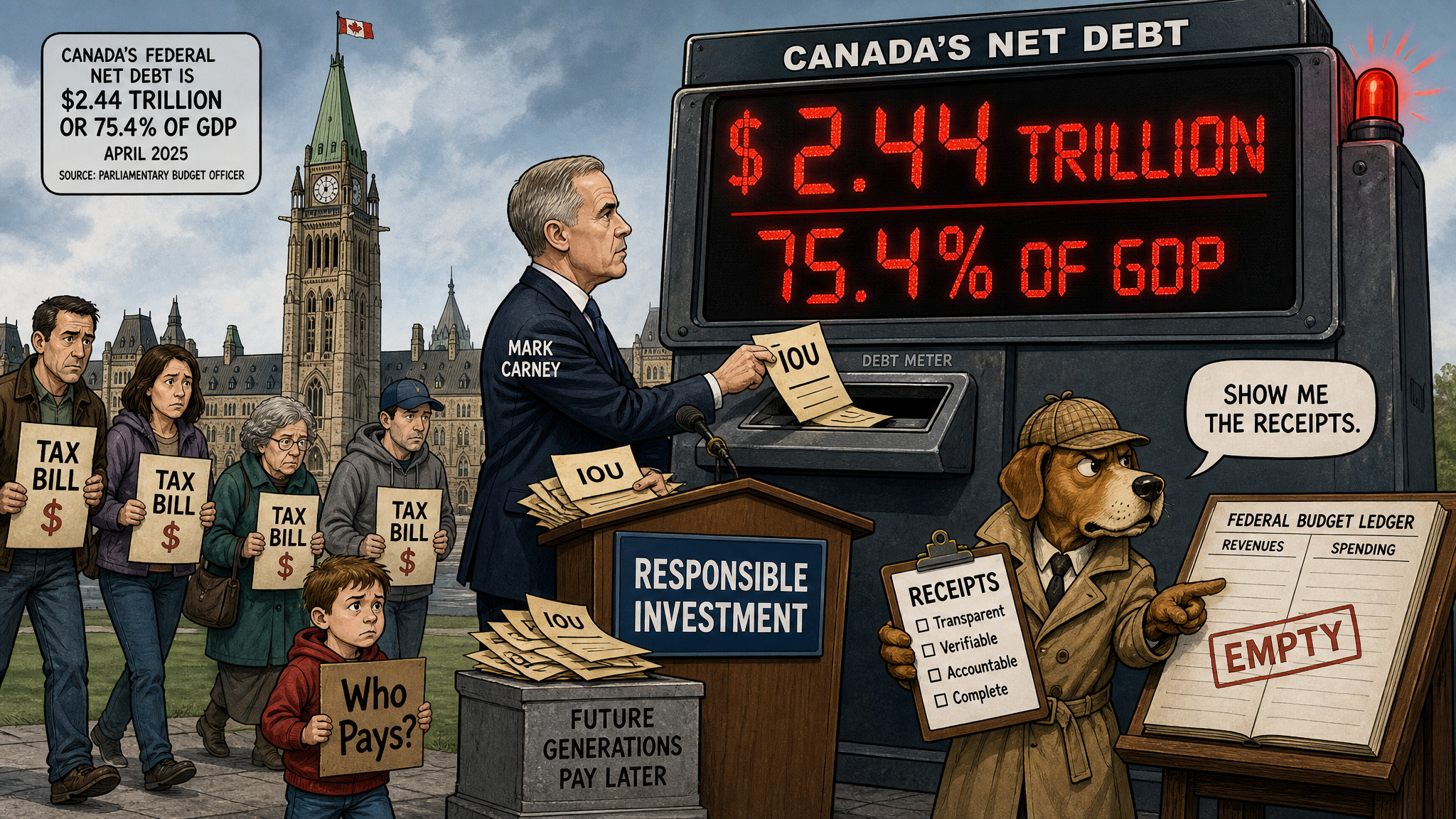 Editorial cartoon showing Parliament Hill under a $2.44 trillion debt meter while families ask who pays and a watchdog requests receipts