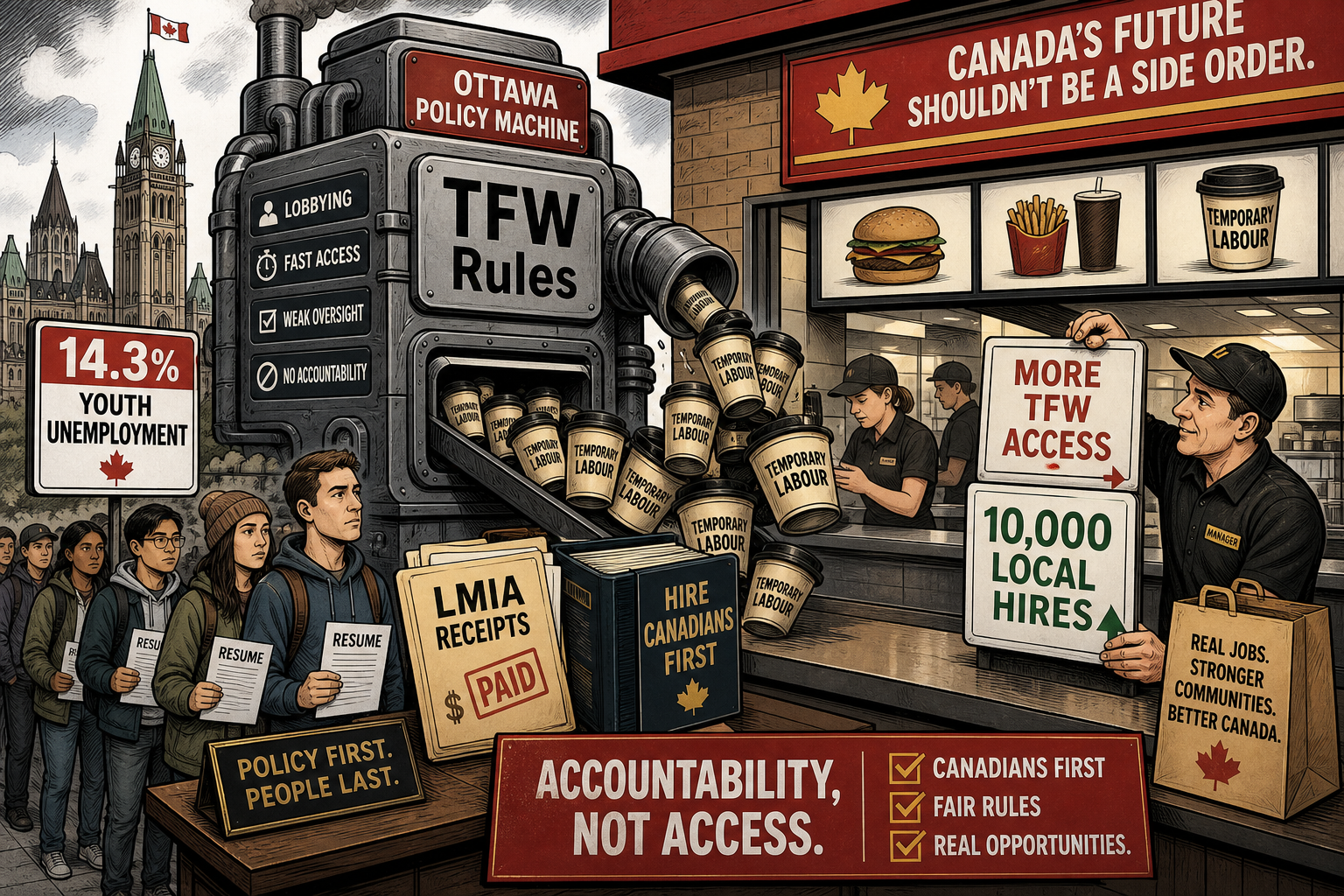 Editorial cartoon showing an Ottawa TFW rules machine, youth holding resumes, and a fast-food counter pivoting to 10,000 local hires