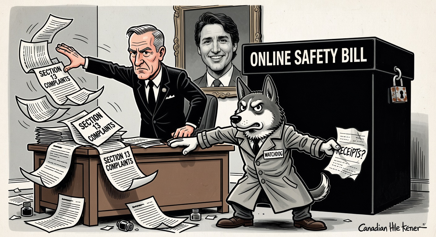 Editorial cartoon showing Ottawa dropping a Section 13 complaint machine while hiding a new online safety bill in a locked black box as a watchdog asks for receipts
