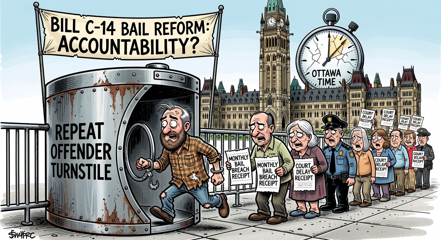 Editorial cartoon showing Bill C-14 bail reform as a Parliament Hill turnstile while victims, police and taxpayers ask Ottawa for repeat-offender and bail-breach receipts