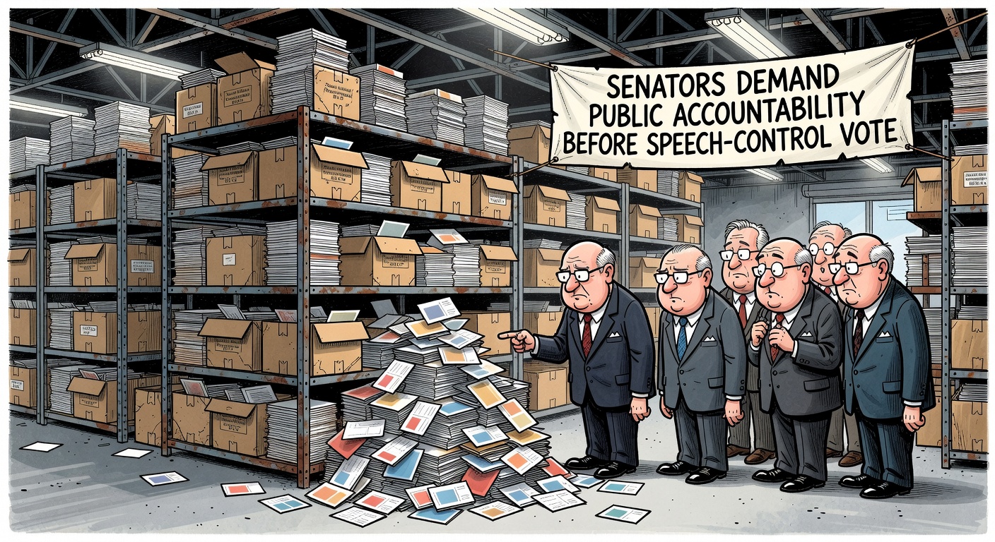 Editorial cartoon showing stacks of Bill C-9 postcards from Canadians warehoused in a Senate mailroom while senators and voters ask for delivery receipts before a speech-law vote