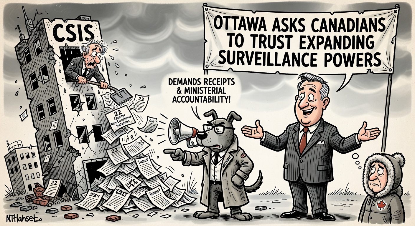 Editorial cartoon showing CSIS files marked Charter red flags bypassing the public safety minister while a watchdog demands accountability receipts before Ottawa expands surveillance powers