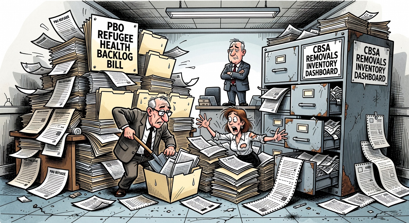 Editorial cartoon showing Ottawa's asylum backlog bill, IFHP costs and CBSA removals inventory as taxpayers ask for receipts