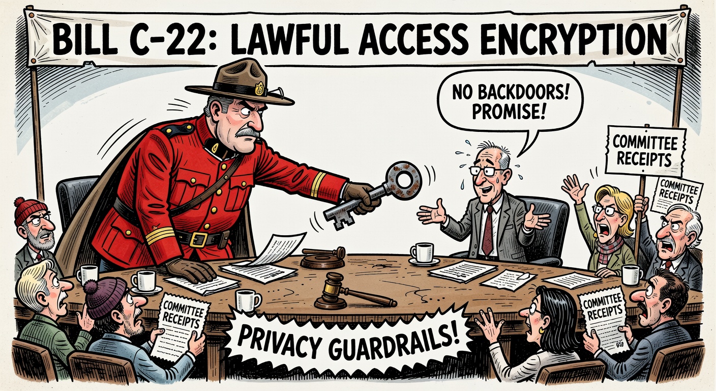 Editorial cartoon showing Bill C-22 as a locked smartphone while RCMP access keys and Ottawa no-backdoor talking points collide, with Canadians demanding privacy guardrails