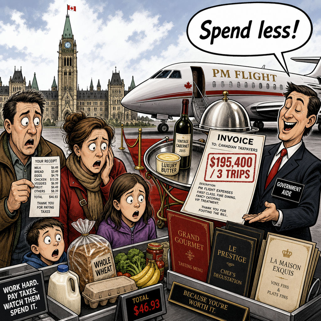 Editorial cartoon showing taxpayers at a grocery checkout while a prime ministerial flight catering invoice lists luxury butter and $195,400 for three trips