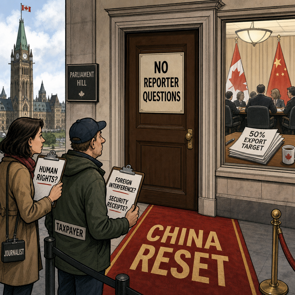 Editorial cartoon showing Ottawa rolling out a China reset red carpet behind a no reporter questions door while Canadians ask for human-rights and security receipts