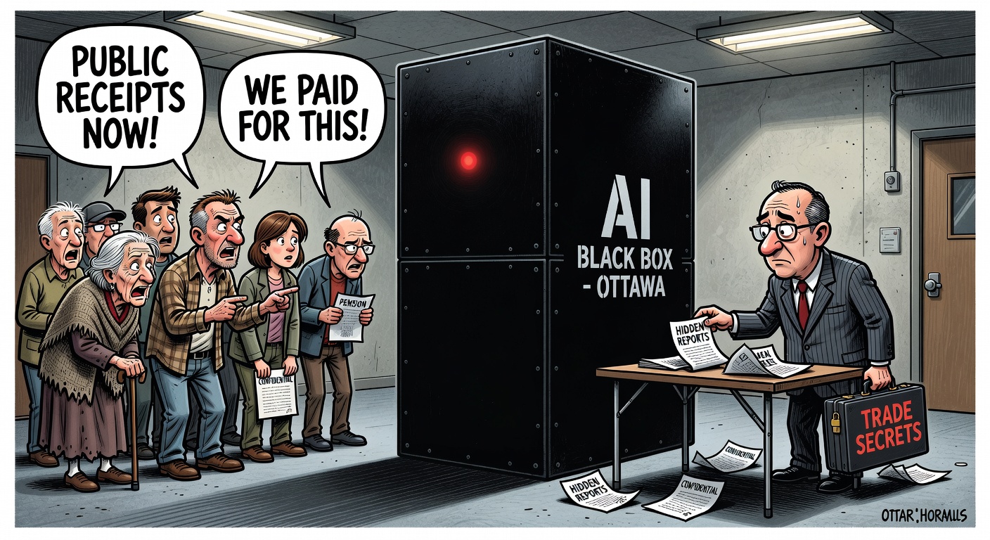 Editorial cartoon showing Ottawa's AI benefits modernization as a black box while seniors and workers ask for contract and risk-assessment receipts