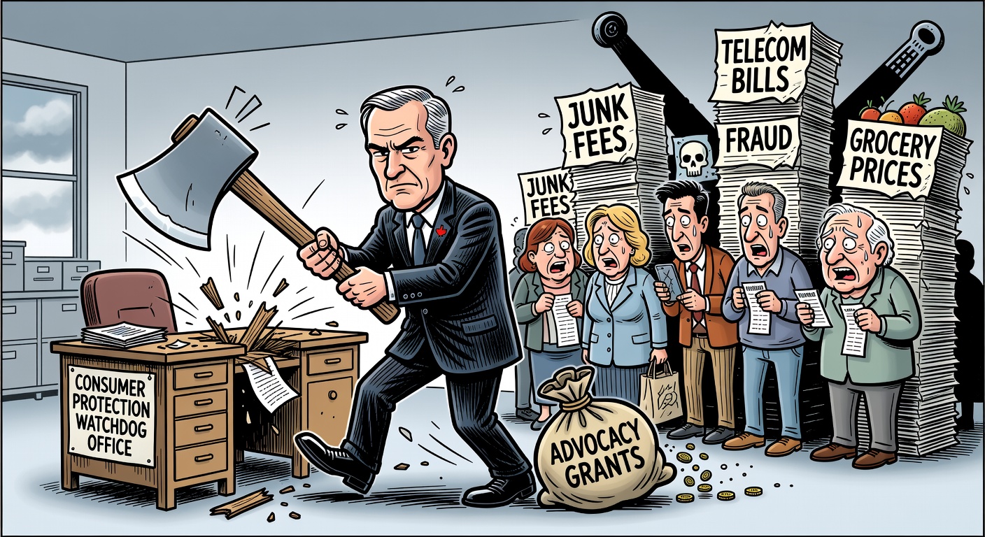 Editorial cartoon showing Ottawa trimming a tiny consumer watchdog desk while Canadians face giant junk fees, fraud calls, grocery prices and telecom bills