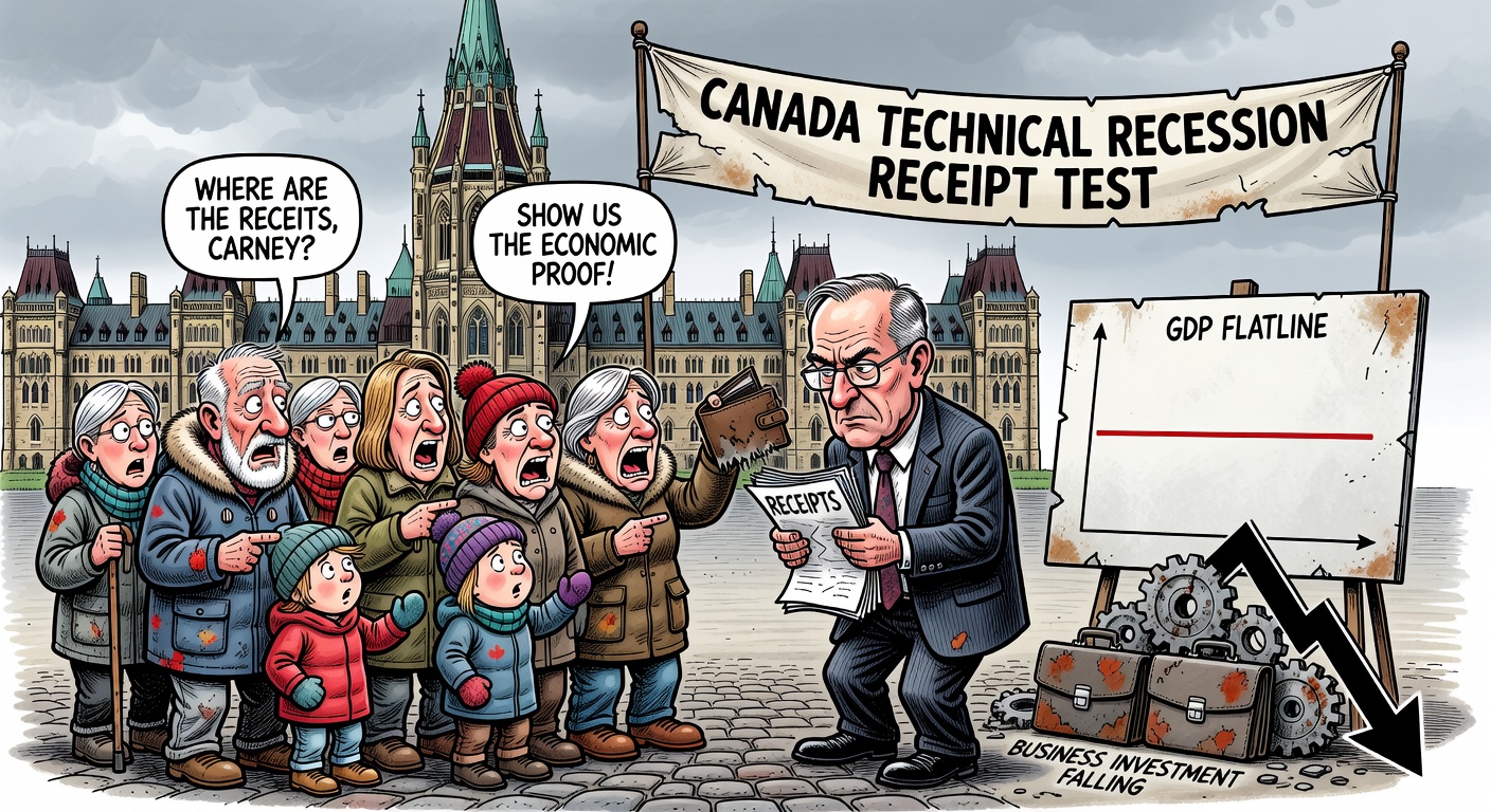 Editorial cartoon showing Parliament Hill under a GDP flatline while families and investors ask Prime Minister Mark Carney for economic receipts