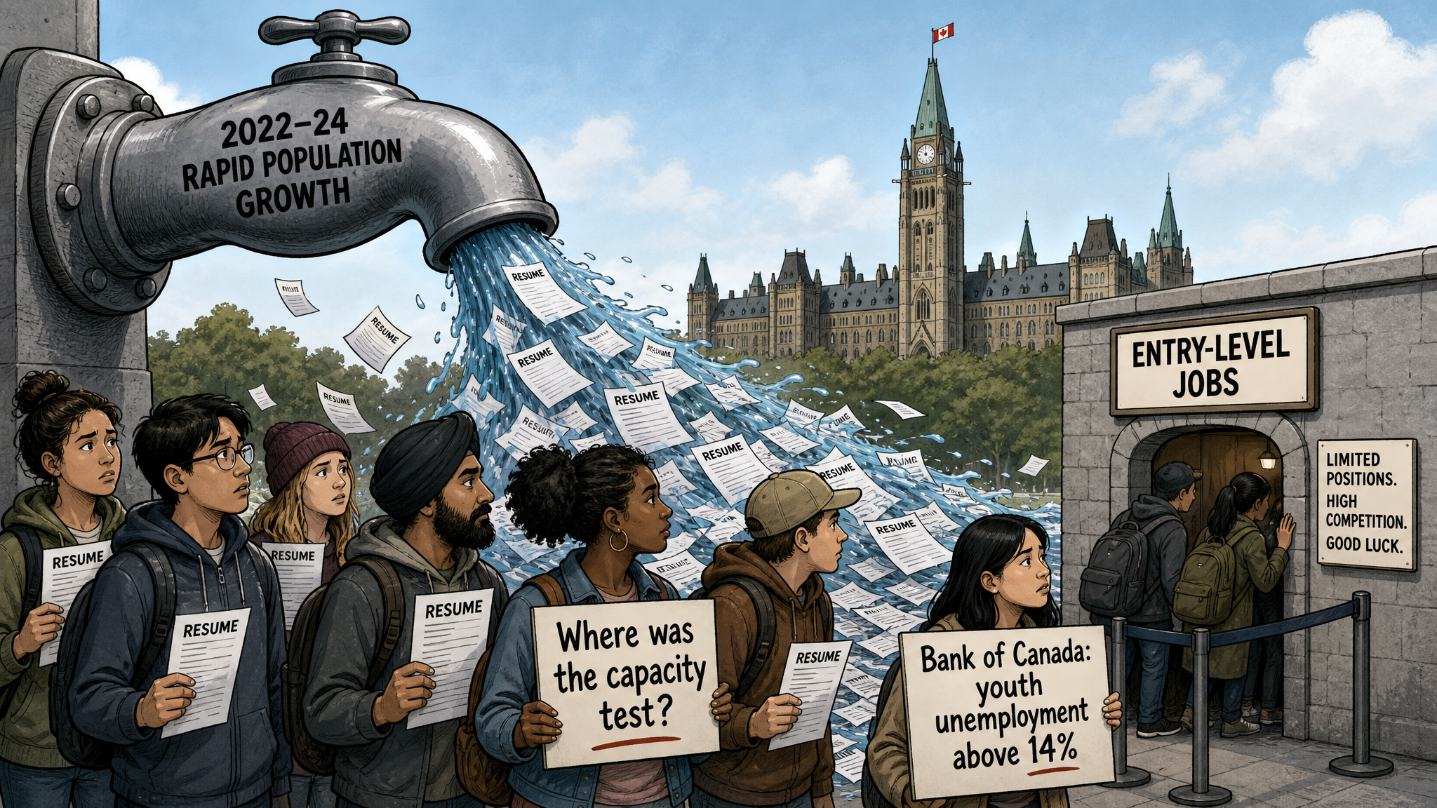 Editorial cartoon showing Parliament Hill, a rapid population growth tap and a crowded entry-level jobs doorway while young Canadians ask for a capacity test