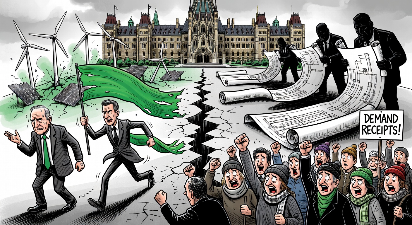 Editorial cartoon showing Parliament Hill split between green climate promises and oil-pipeline blueprints while voters ask Mark Carney for policy receipts after Steven Guilbeault's exit