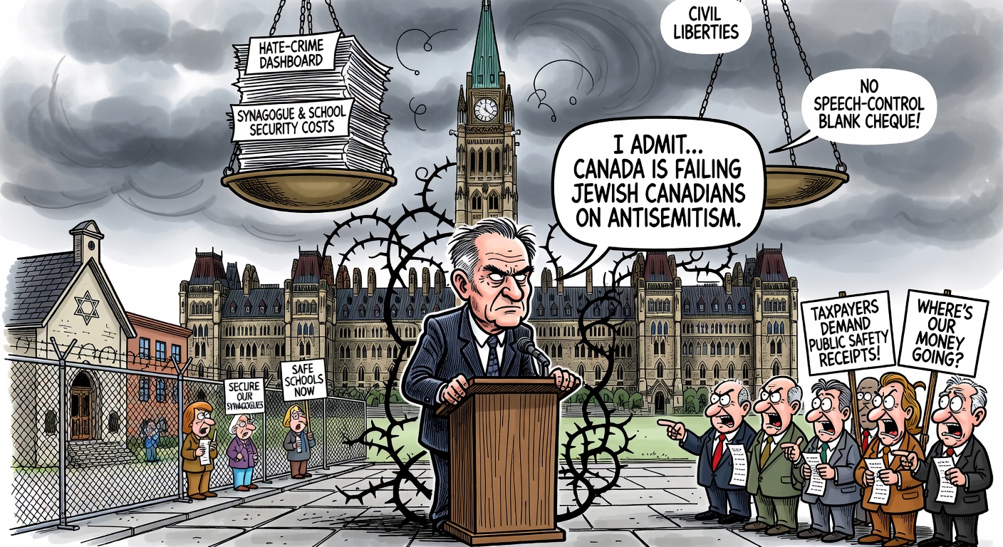 Editorial cartoon showing Parliament Hill, a synagogue and school security checkpoint, and Canadians asking Mark Carney for antisemitism public-safety receipts