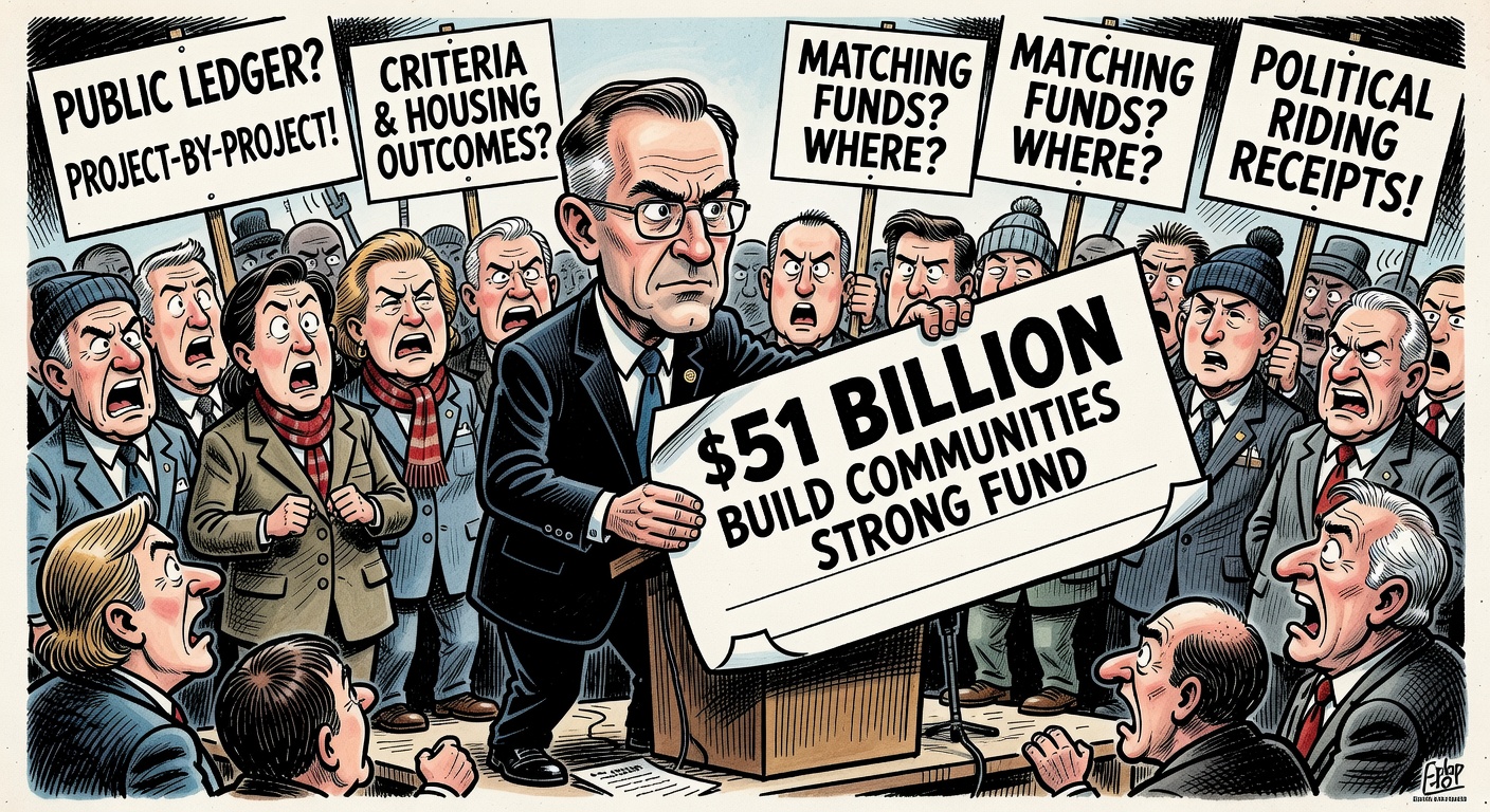Editorial cartoon showing Mark Carney announcing a $51-billion infrastructure fund while taxpayers and municipalities ask for a public allocation ledger