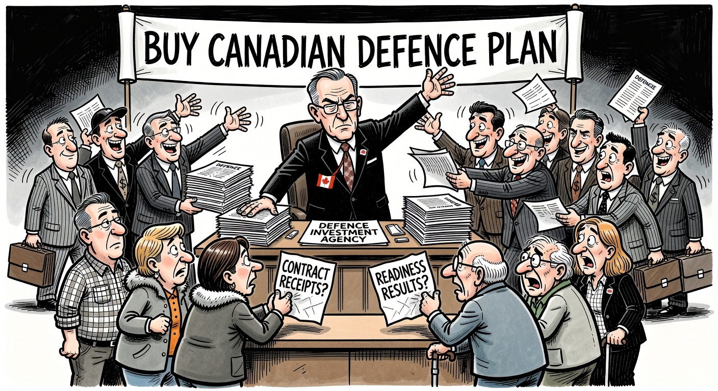 Editorial cartoon showing Mark Carney promoting a Buy Canadian defence procurement plan while taxpayers ask for contract receipts, lobbyist logs and military readiness results
