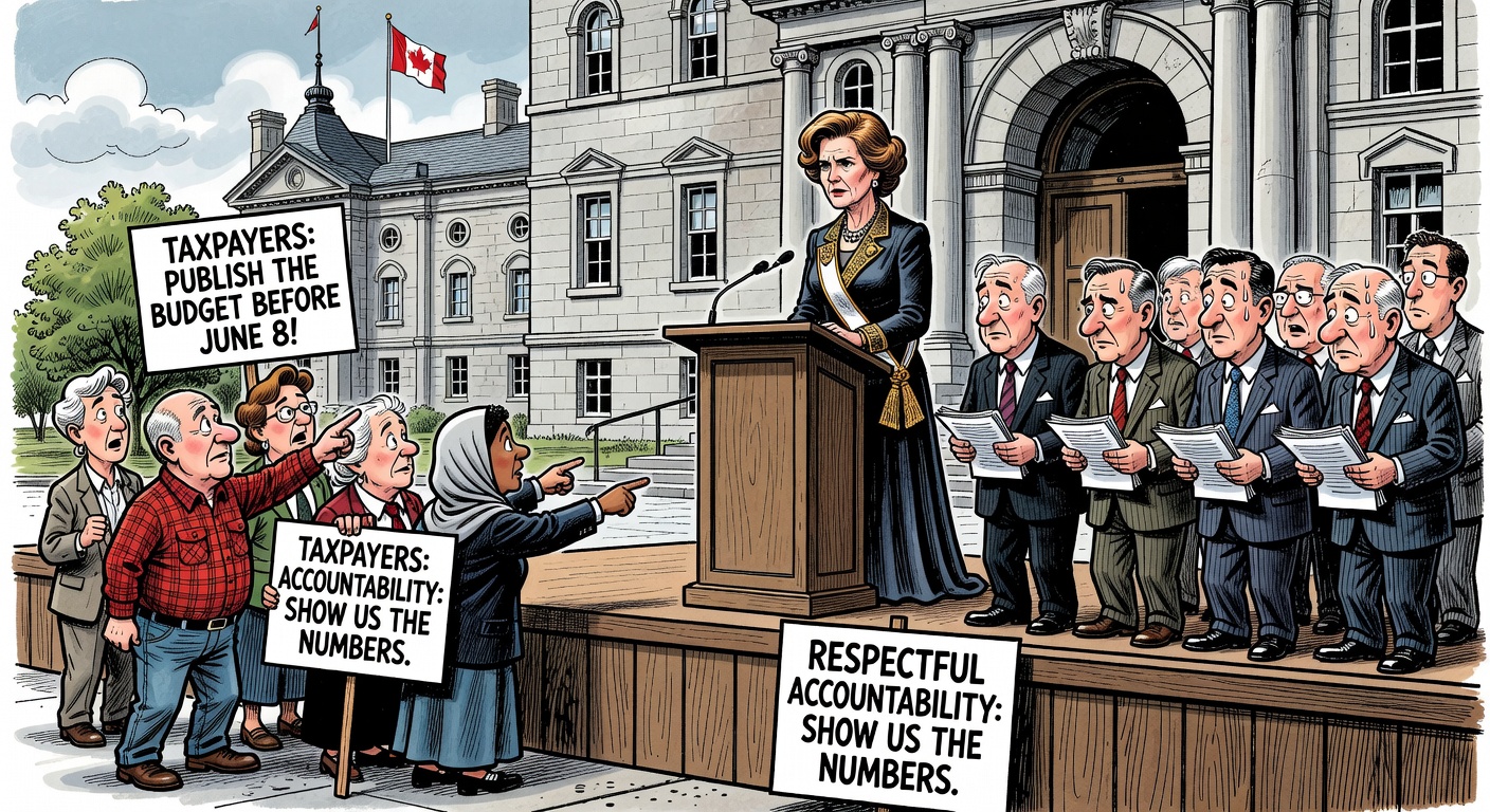 Editorial cartoon showing taxpayers asking Ottawa to publish the Governor General installation ceremony budget before the June 8 ceremony