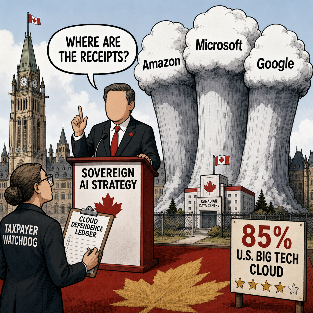Editorial cartoon showing Canadian sovereign AI promises overshadowed by U.S. big-tech cloud towers while taxpayers ask for a cloud dependence ledger