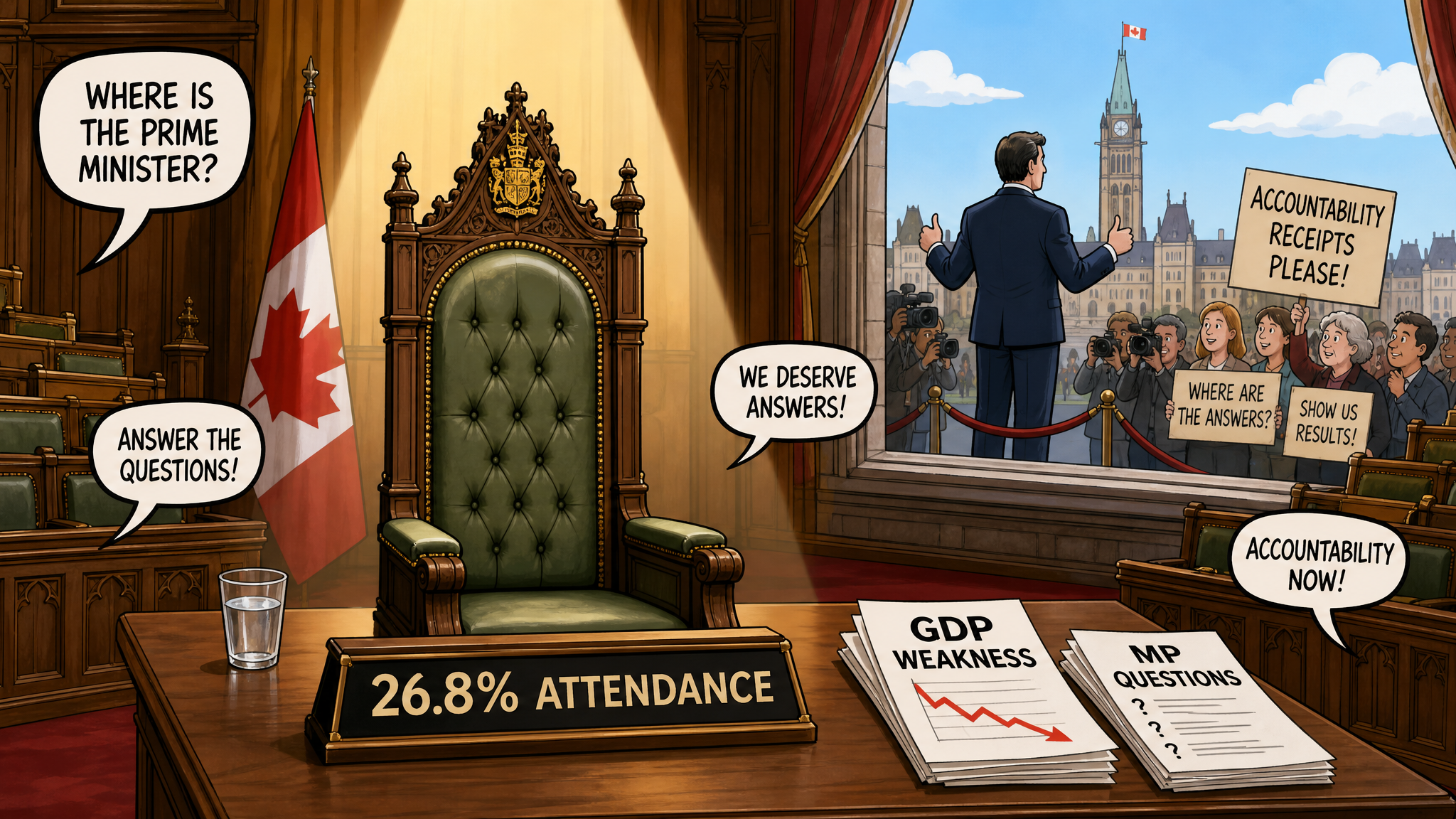 Editorial cartoon showing an empty Question Period chair with a 26.8 percent attendance sign while Canadians ask Mark Carney for accountability receipts