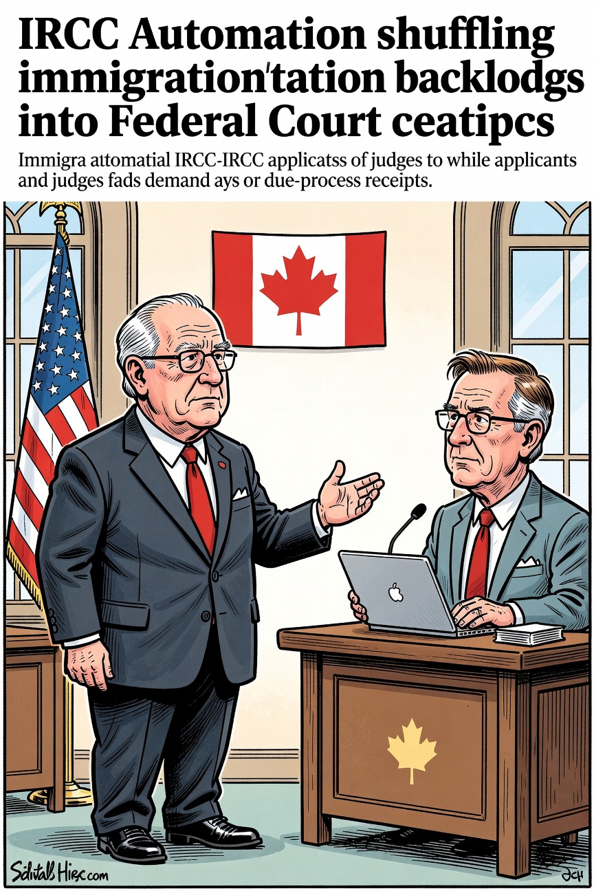 Editorial cartoon showing IRCC automation pushing immigration files into Federal Court while applicants and judges ask for due-process receipts