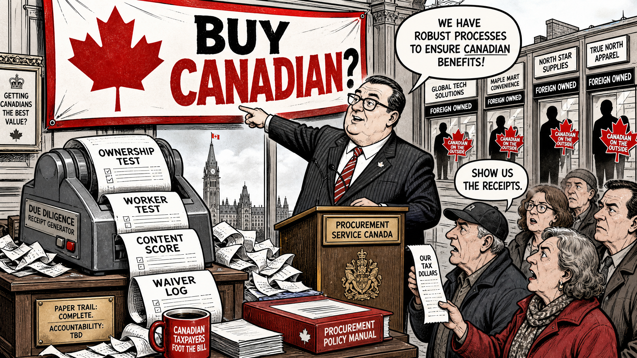 Editorial cartoon showing a Buy Canadian procurement counter with ownership, worker, content and waiver receipts while taxpayers ask who really benefits