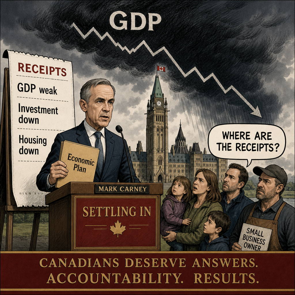 Editorial cartoon showing Mark Carney at a Settling In podium while Canadians ask for economic receipts as GDP, investment and housing indicators weaken