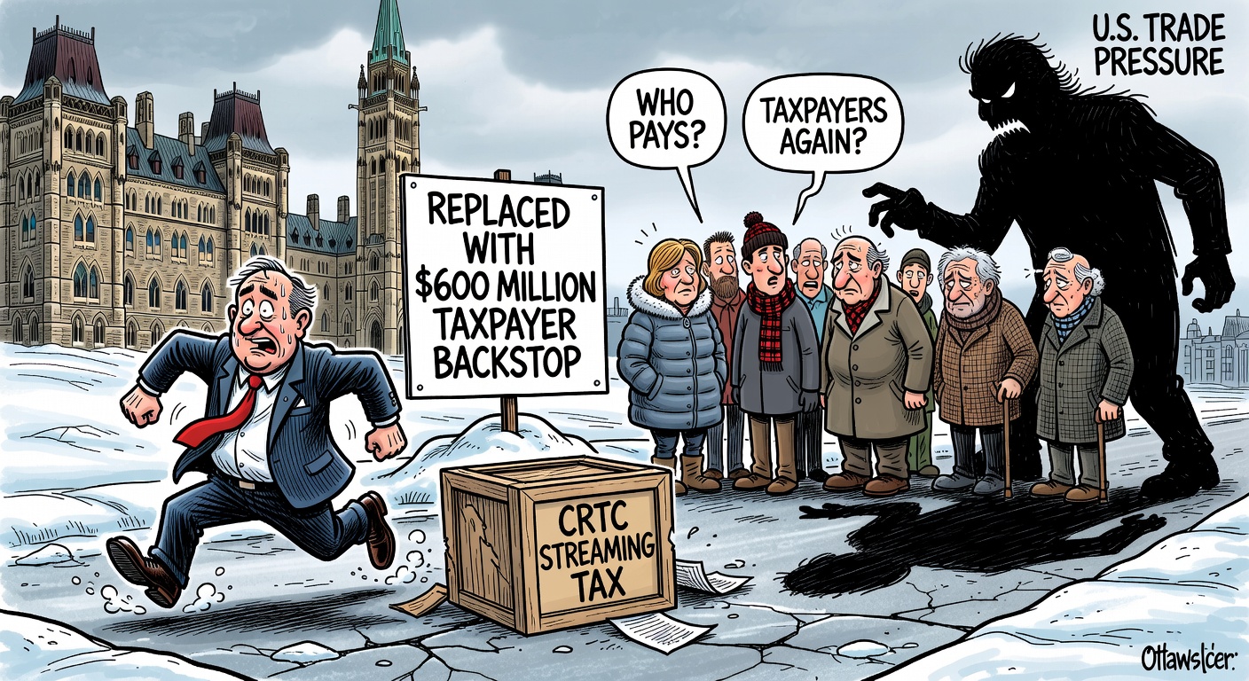 Editorial cartoon showing Ottawa retreating from a CRTC streaming tax while taxpayers ask who pays the 600 million dollar media backstop