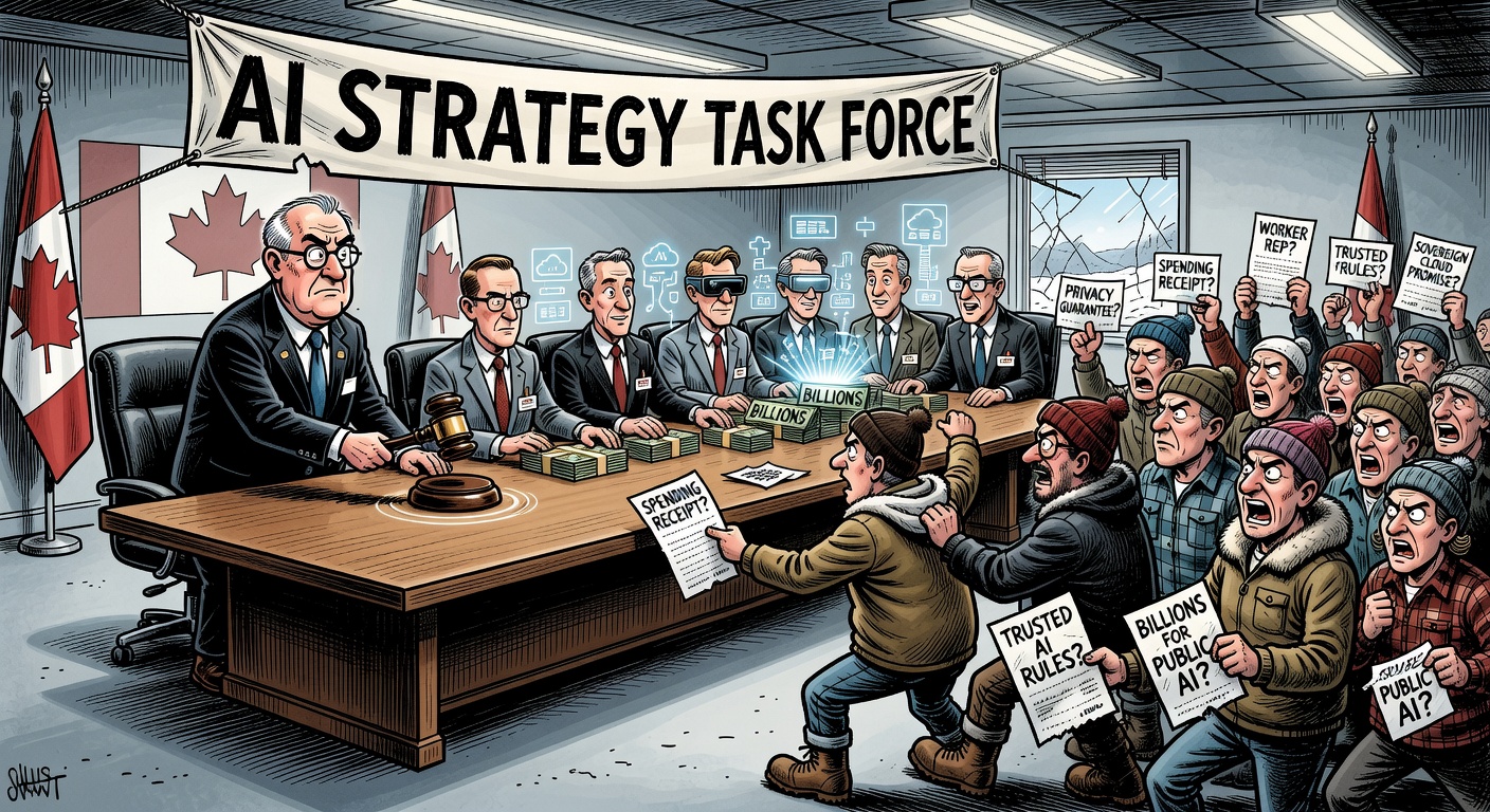 Editorial cartoon showing Carney’s AI strategy task force beside public AI infrastructure spending, trusted AI rules and taxpayers asking for receipts