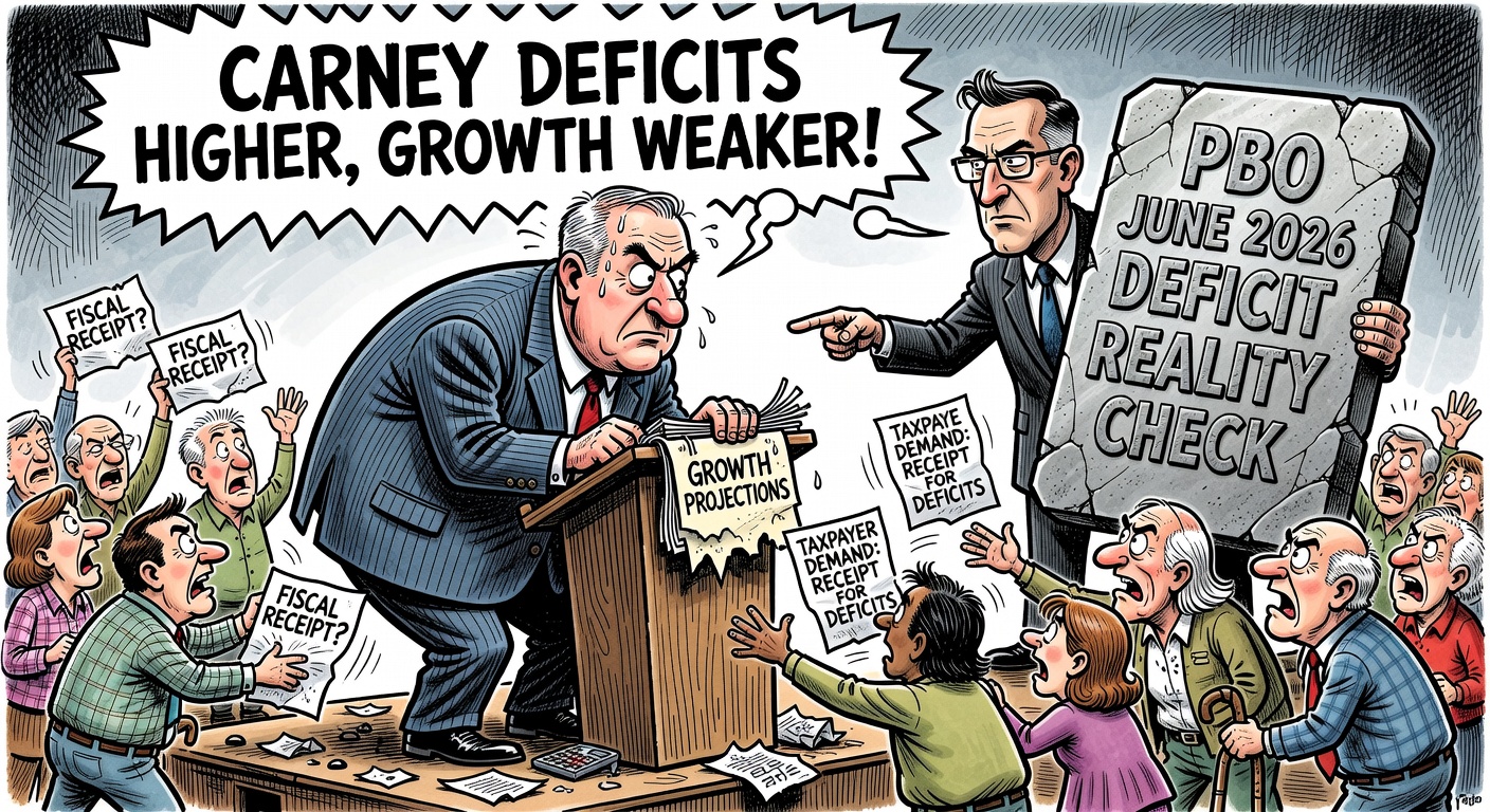 Editorial cartoon showing the Parliamentary Budget Officer handing taxpayers a June 2026 deficit reality check while Carney’s fiscal anchor cracks