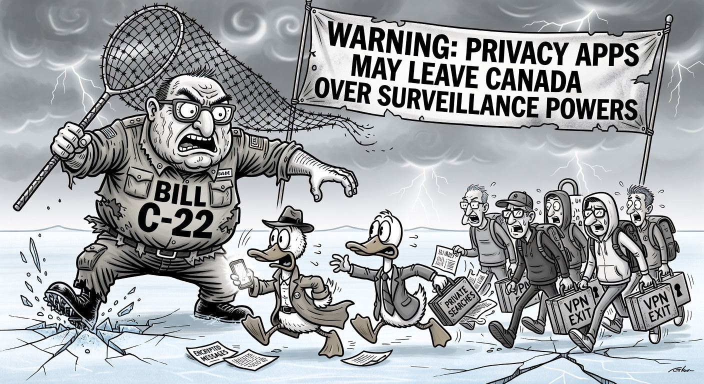 Editorial cartoon showing Bill C-22 as a border gate pushing privacy tools like Signal, DuckDuckGo and VPN services out of Canada while Canadians ask for surveillance guardrails