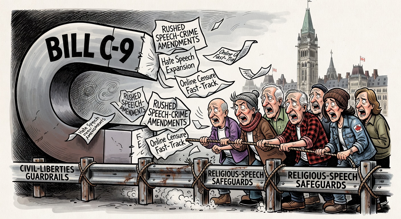 Editorial cartoon showing Bill C-9 as a magnet pulling speech-crime amendments while Canadians ask for civil-liberties guardrails
