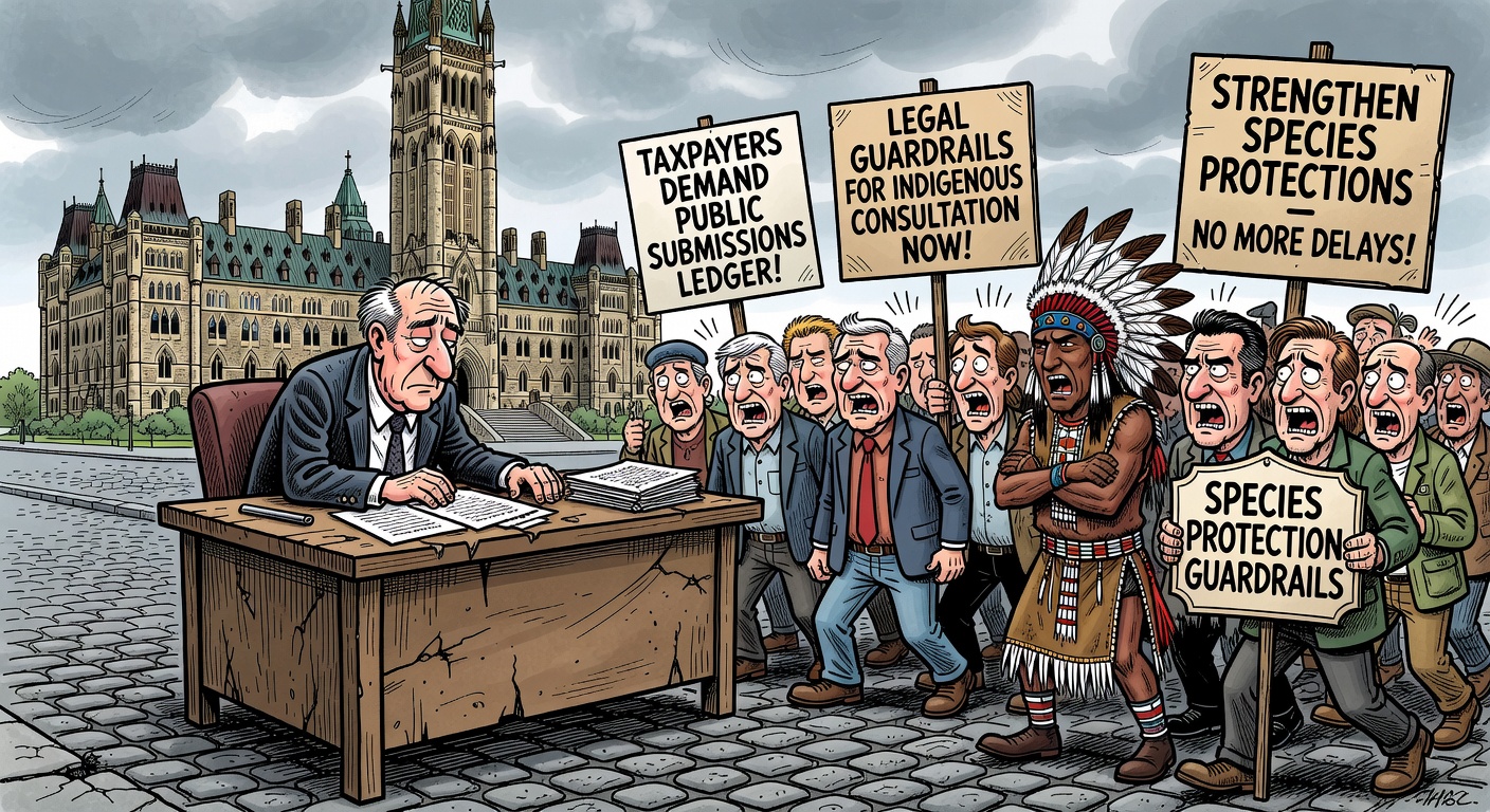 Editorial cartoon showing Ottawa extending consultation on major-project review reforms while taxpayers ask for submissions, legal guardrails and environmental receipts