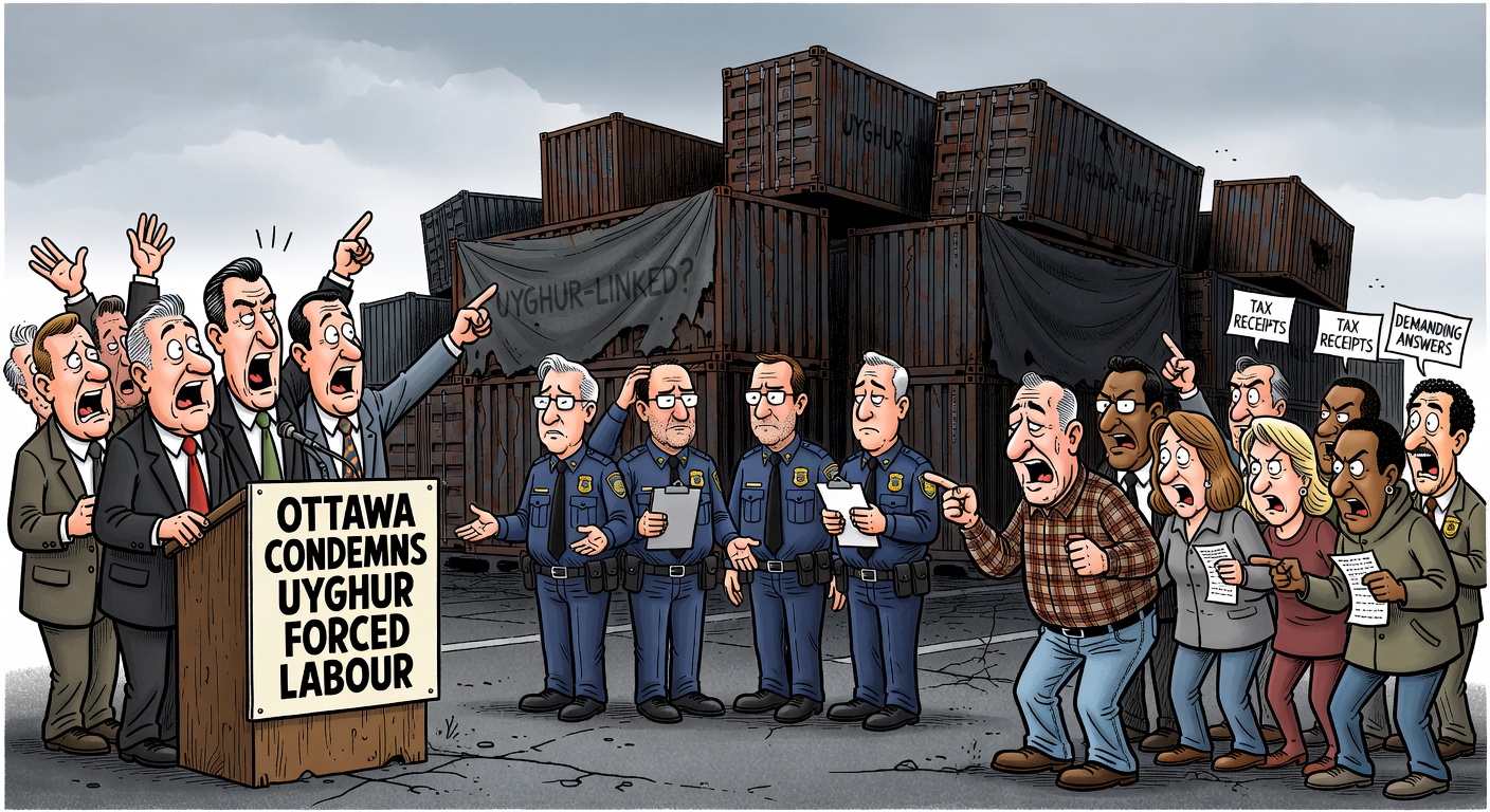 Editorial cartoon showing Ottawa condemning Uyghur forced labour while CBSA cannot report how many Uyghur-linked shipments were stopped at the border