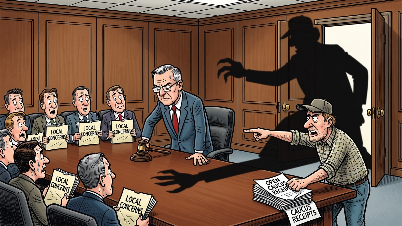 Editorial cartoon showing Mark Carney treating Liberal caucus like a boardroom while MPs hold local concern files and taxpayers ask for open-caucus receipts
