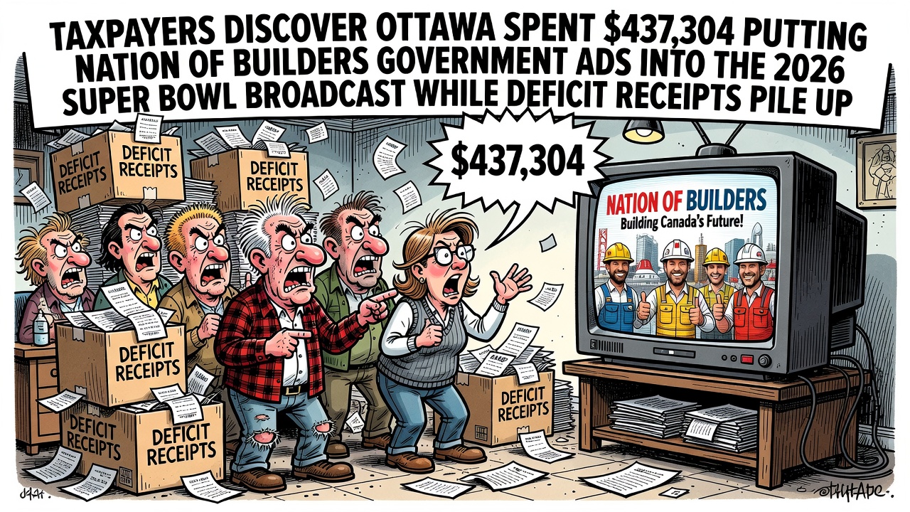 Editorial cartoon showing taxpayers finding a 437304 dollar Super Bowl ad receipt for Nation of Builders while deficit papers pile up