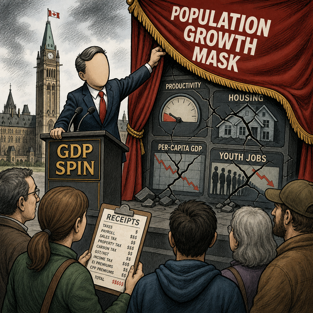 Editorial cartoon showing a generic federal leader lifting a population-growth mask from cracked economic indicators while taxpayers ask for receipts