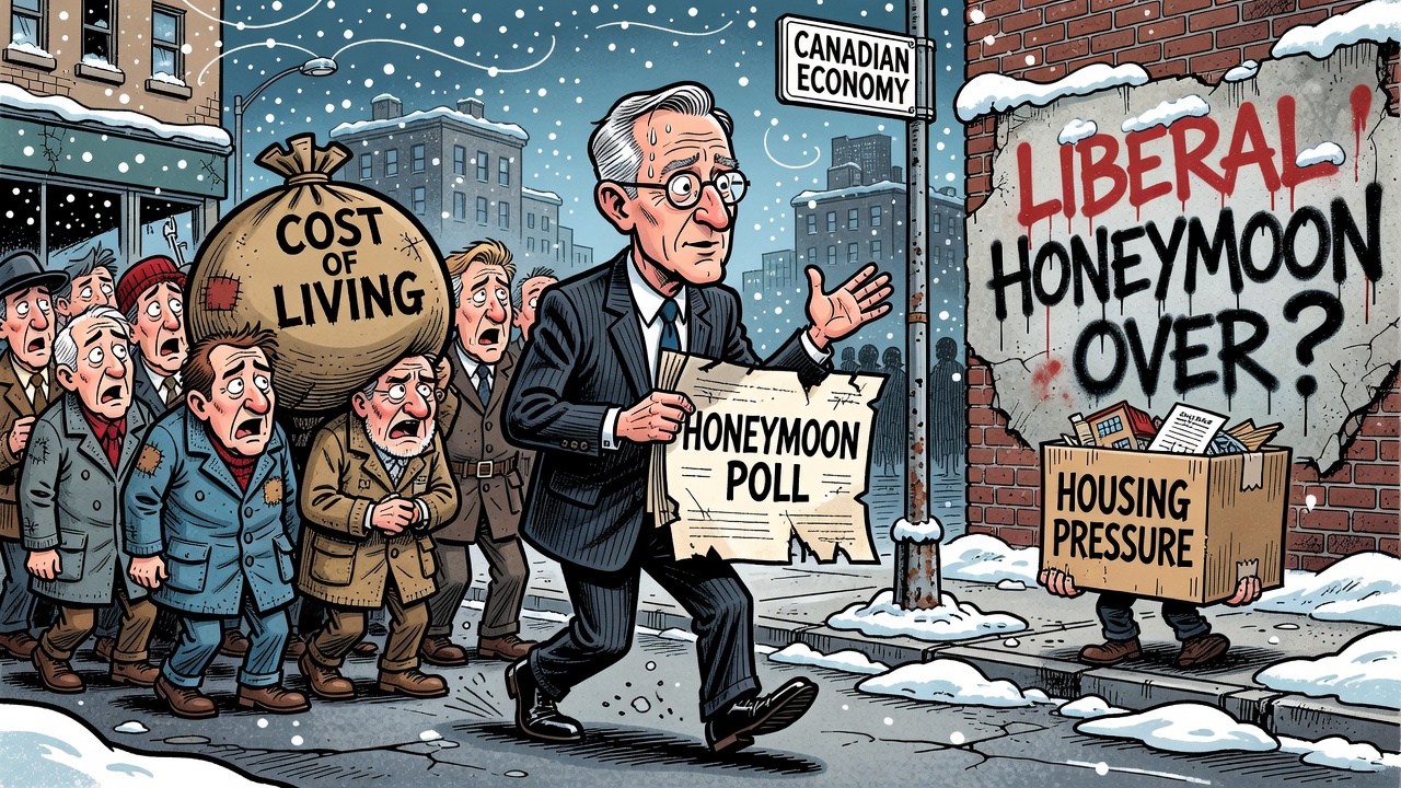 Editorial cartoon showing a Liberal honeymoon balloon losing air while taxpayers hold cost of living economy and housing bills