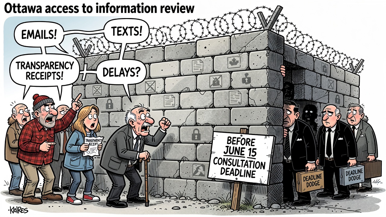 Editorial cartoon showing taxpayers facing an Ottawa secrecy wall marked access to information while emails texts and delay receipts are hidden behind it