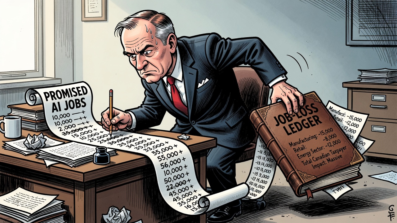 Editorial cartoon showing Carney counting promised AI jobs while taxpayers ask for the hidden job-loss ledger