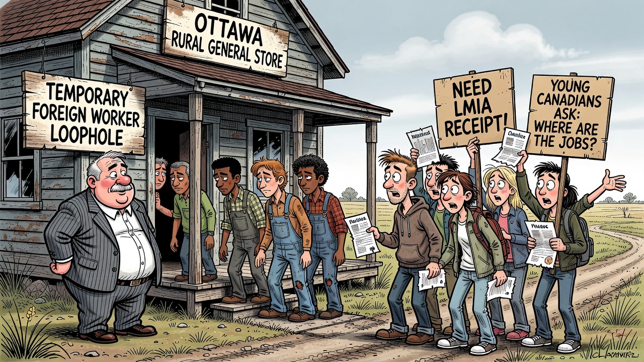 Editorial cartoon showing young Canadian job seekers asking Ottawa for LMIA receipts while a rural low-wage TFW loophole gate opens