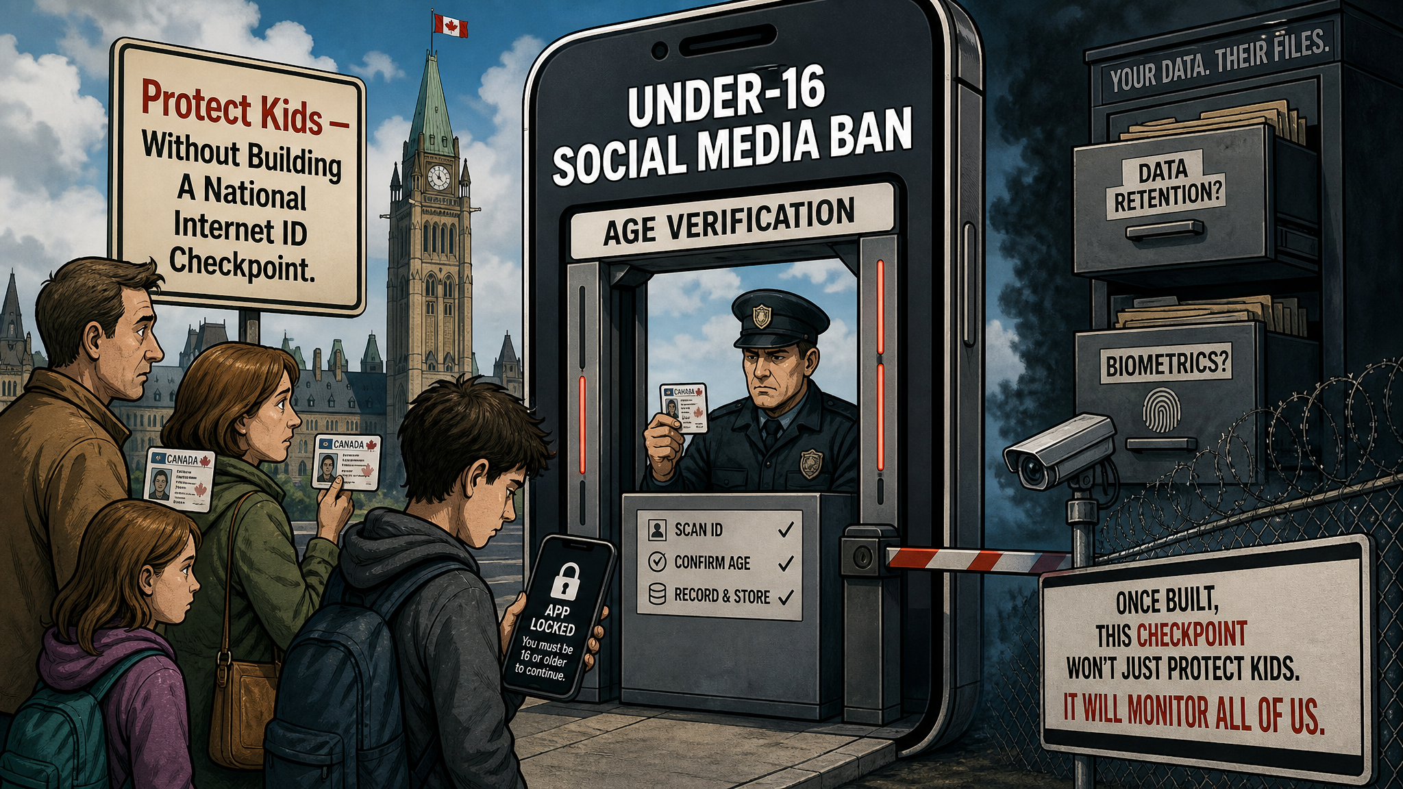 Editorial cartoon showing an under-16 social media ban becoming an age-verification checkpoint for Canadian families
