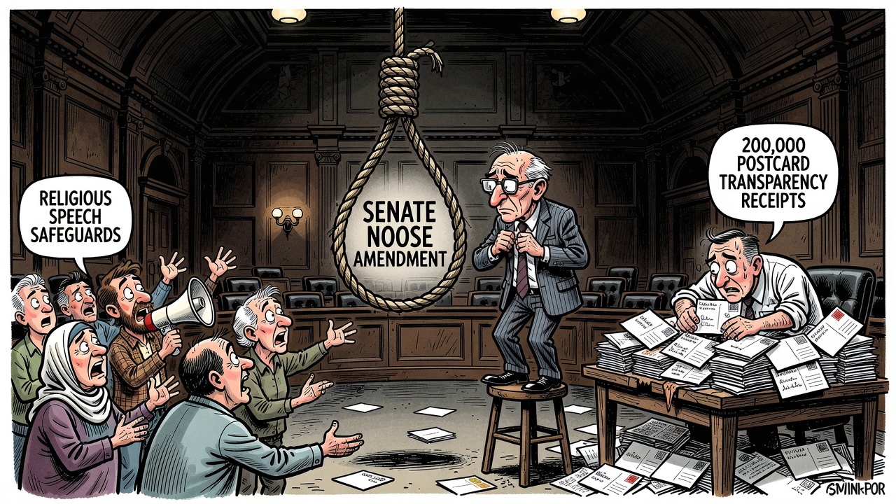 Editorial cartoon showing Bill C-9 racing toward royal assent while Canadians ask for religious-speech safeguards and postcard transparency receipts