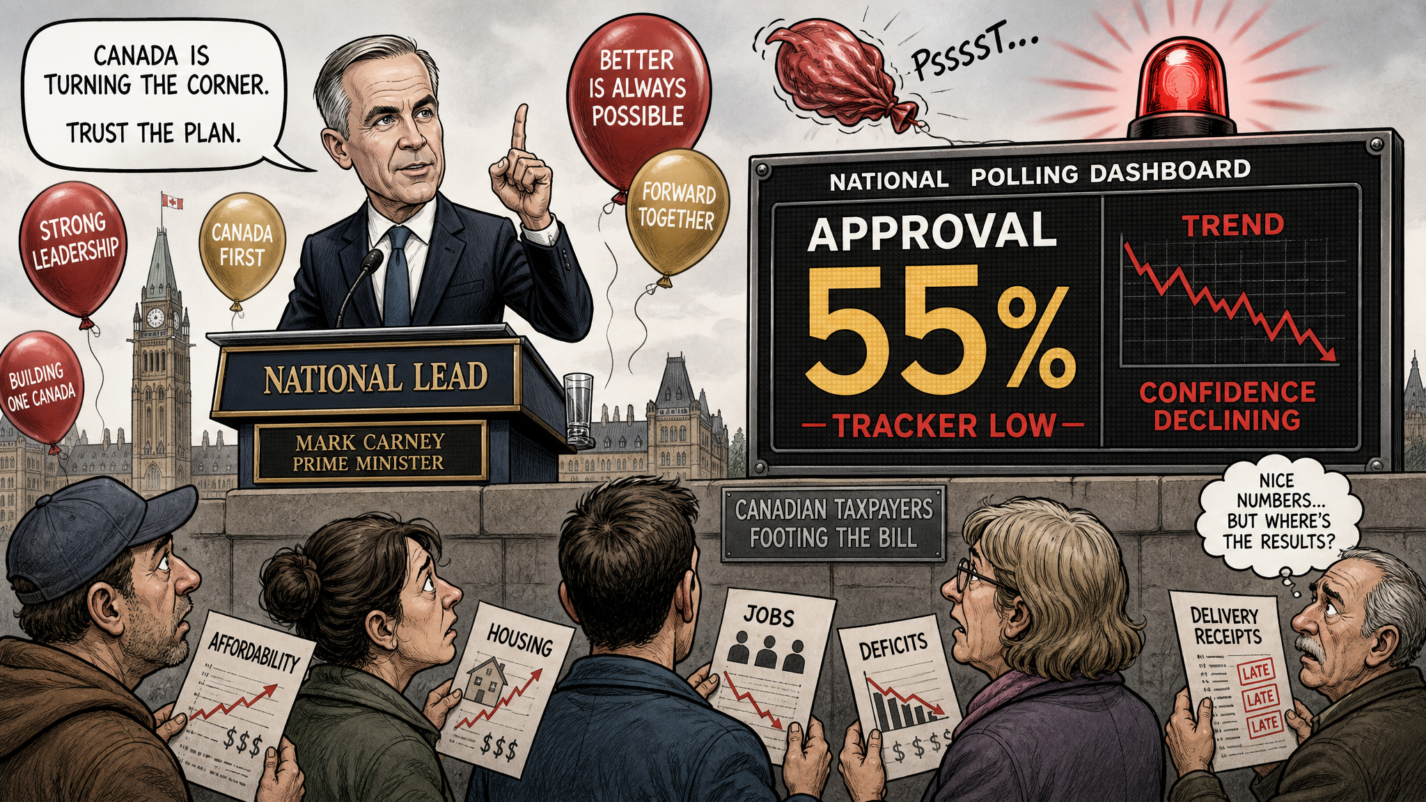 Editorial cartoon showing Mark Carney beside a polling dashboard reading approval 55 percent tracker low while taxpayers ask for affordability housing jobs deficits and delivery receipts