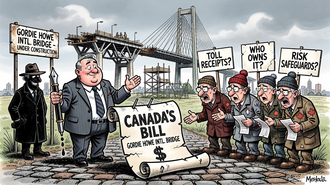 Editorial cartoon showing Canadian taxpayers holding the bill for the Gordie Howe International Bridge while politicians ask for toll and ownership receipts