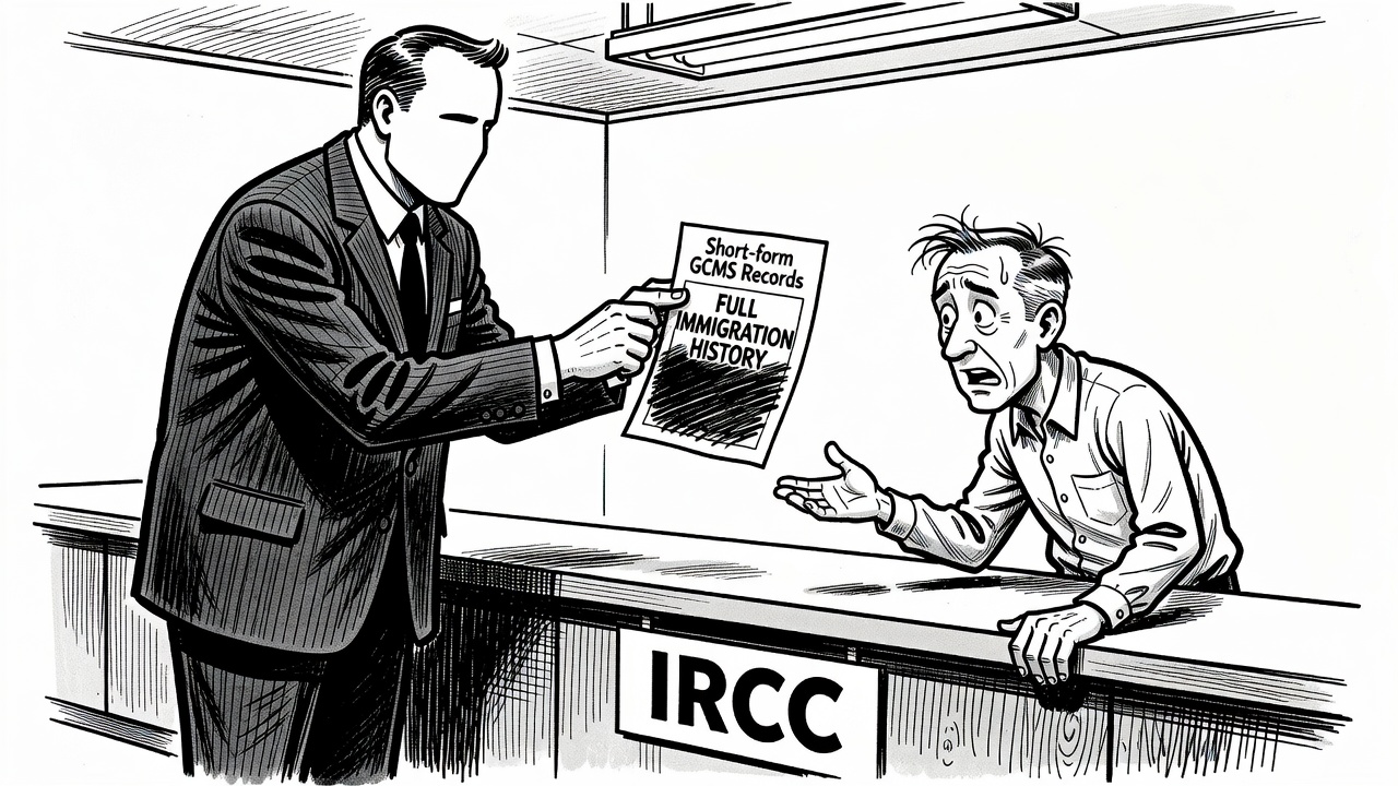 Editorial cartoon showing an immigration applicant asking IRCC for a full GCMS file while officials hand over a short form and hide the history section in a locked cabinet