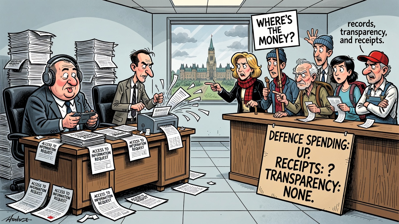Editorial cartoon showing National Defence officials ignoring access-to-information requests while taxpayers ask for records as defence spending rises