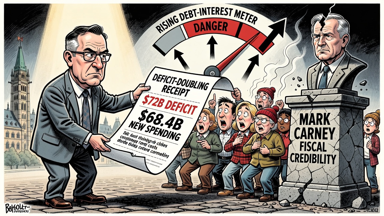 Editorial cartoon showing the Parliamentary Budget Officer handing Canadian taxpayers a deficit-doubling receipt while Mark Carney’s fiscal credibility cracks