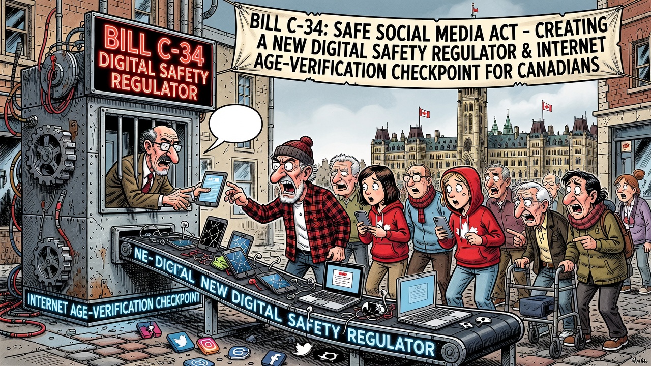 Editorial cartoon showing Bill C-34 turning online child protection into a digital regulator and age-verification checkpoint for Canadian internet users